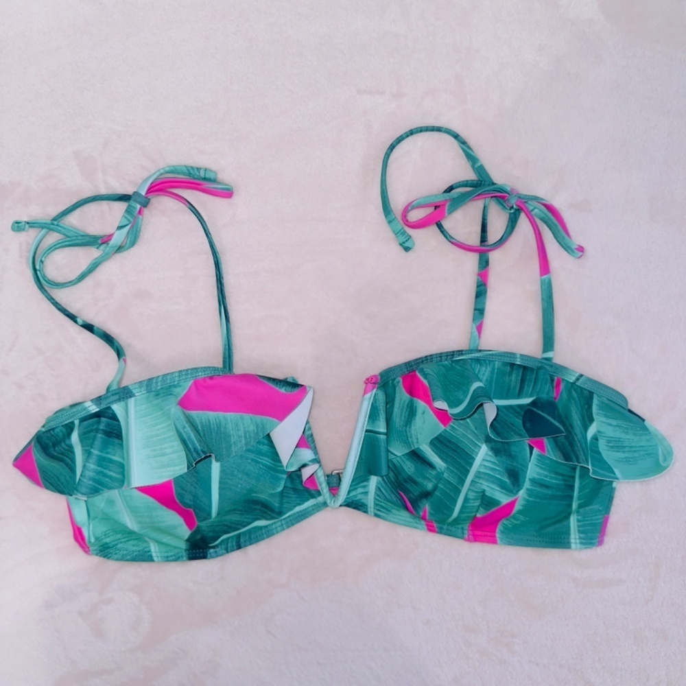 Buddy Love Tropical Green and Hot Pink Ruffle Bikini Top